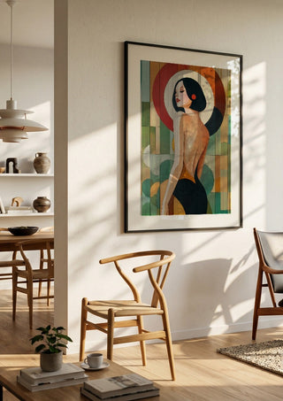 Golden Silence II by ArtySjak in a large black frame in a bright dining room