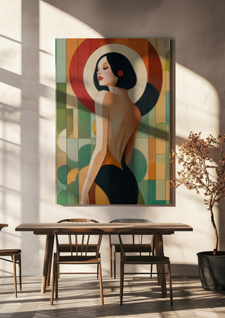 Golden Silence II by ArtySjak hanging above a wooden dining table in warm sunlight