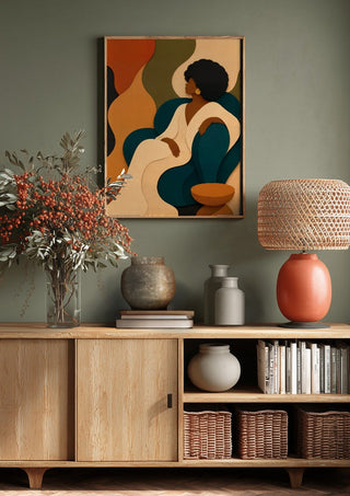 Seventies Lounge by ArtySjak above a wooden sideboard on a sage green wall