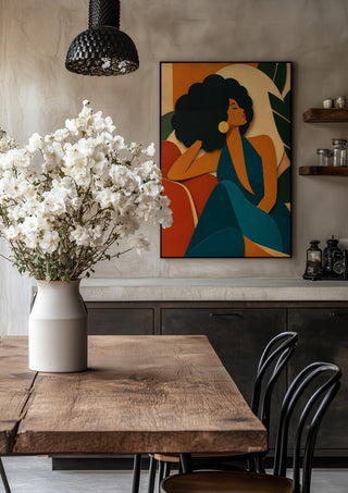 Modern Muse by ArtySjak in a black frame above a rustic table with white flowers