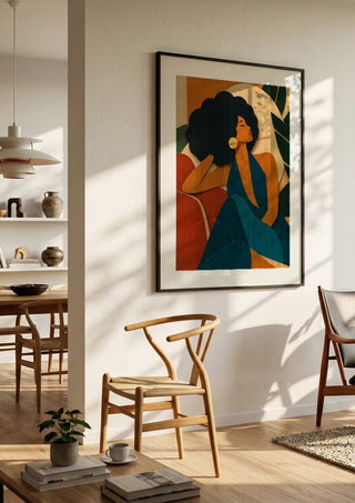 Modern Muse by ArtySjak in a large black frame in a bright dining room