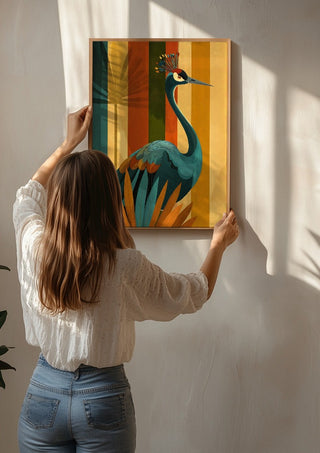 Crane of the Retro Forest by ArtySjak being hung on a sunlit wall
