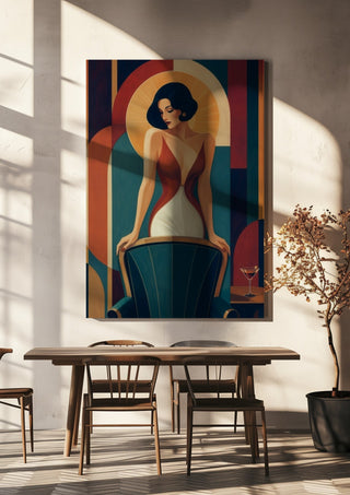 The Last Martini by ArtySjak hanging above a wooden dining table in warm sunlight