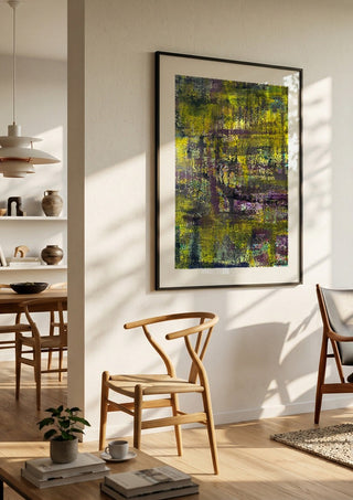 Sonnenschein by Sophie Schillen in a large black frame in a bright dining room