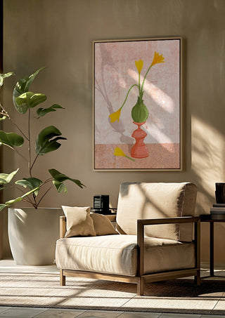 Crocus on pedestal by Creationsbyeditabrus framed above a beige armchair beside a potted plant