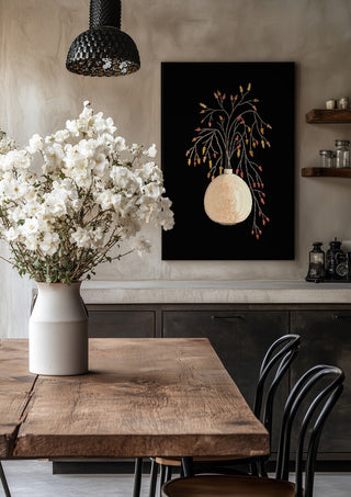 Branches with berries in vase by Creationsbyeditabrus in a black frame above a rustic table with white flowers