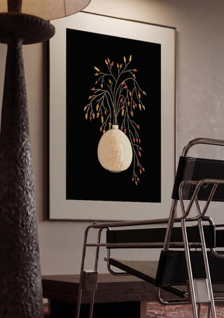 Branches with berries in vase by Creationsbyeditabrus framed in a dim room beside a tubular steel chair