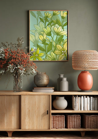 Buttercups in spring by Creationsbyeditabrus above a wooden sideboard on a sage green wall