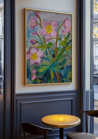 Japanese Anemone by DNF in an oak frame on a panelled café wall