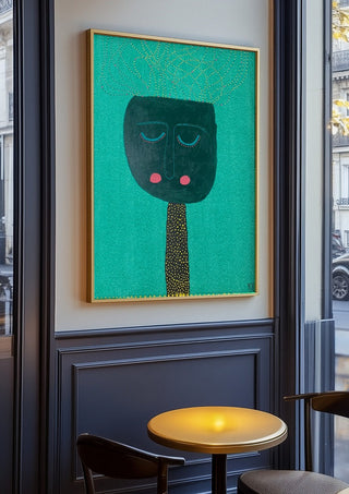 Pricken by RR in an oak frame on a panelled café wall