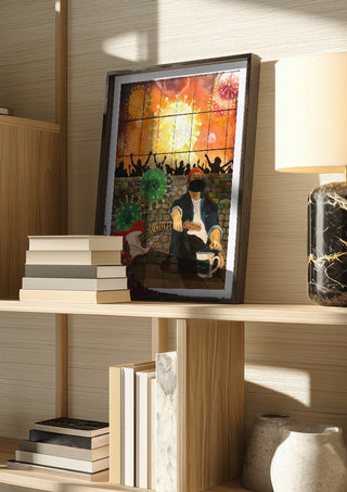 Corona Blues by Lefty-P in a dark frame on a wooden shelf beside books and a lamp