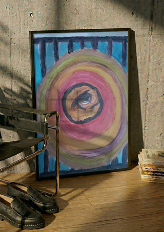 Zeebodem by Mizo in a black frame leaning against a concrete wall by a steel chair