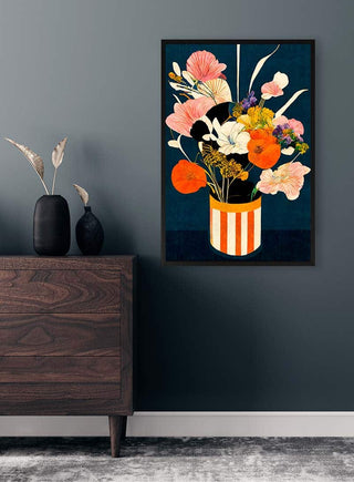 Framed "Flowers At Night - Treechild" artwork showing a vibrant floral arrangement on a dark wall.