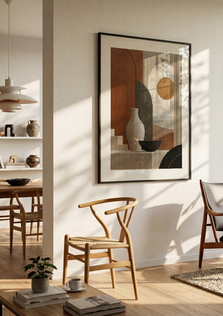 Earth Tones and Minimalist Shapes by TimlessArtworks in a large black frame in a bright dining room