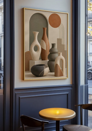 Bohemian Ceramic Vases by TimlessArtworks in an oak frame on a panelled café wall