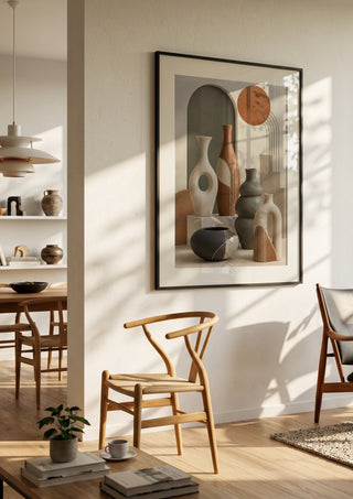 Bohemian Ceramic Vases by TimlessArtworks in a black frame in a bright dining room with wooden chairs