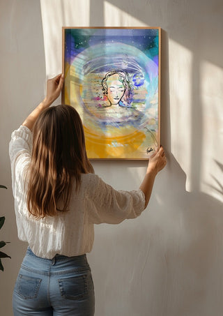 Rundarummet by FridaRit being hung on a sunlit wall