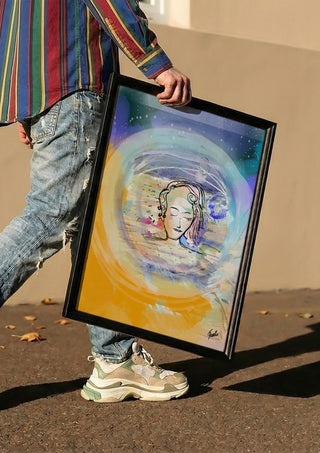 Rundarummet by FridaRit carried in a black frame along a sunny street