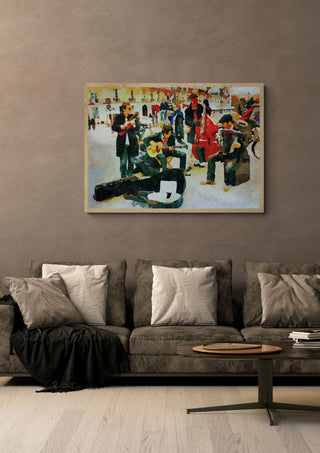 Musicians in Paris by Massimo Frascogna in a light oak frame on a warm grey wall above a brown sofa