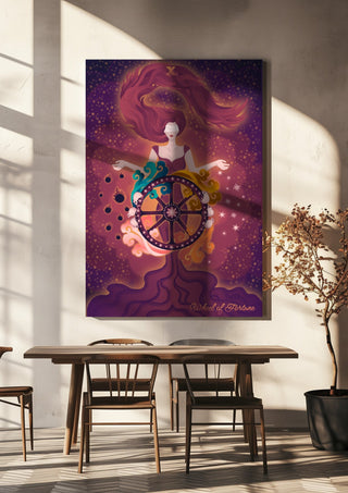 Wheel of Fortune by Sciurus tarotus hanging above a wooden dining table in warm sunlight