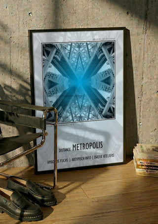 Distance Metropolis - Mirror Signal by Amadeus Fuchs in a black frame leaning against a concrete wall by a steel chair