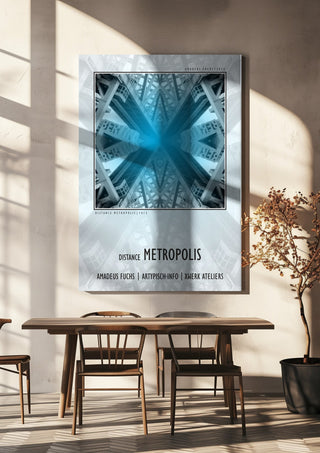 Distance Metropolis - Mirror Signal by Amadeus Fuchs hanging above a wooden dining table in warm sunlight