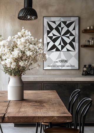 Classic Fortune - Pleasure Signal by Amadeus Fuchs in a black frame above a rustic table with white flowers