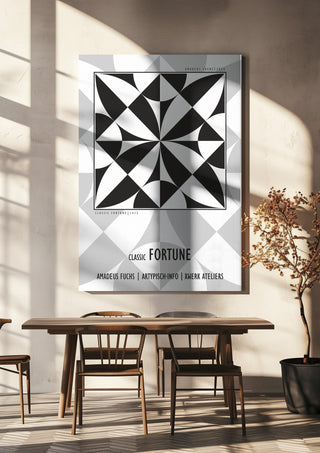 Classic Fortune - Pleasure Signal by Amadeus Fuchs hanging above a wooden dining table in warm sunlight