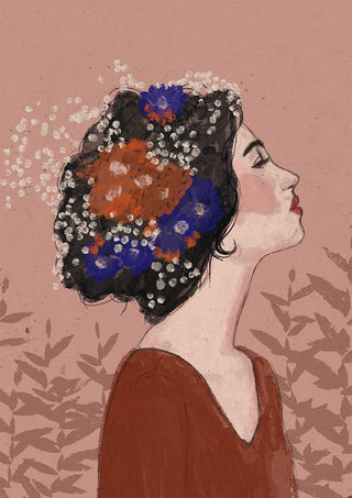 Profile of a woman with flowers in her hair, set against a muted pink background. Summer Night -Treechild art.