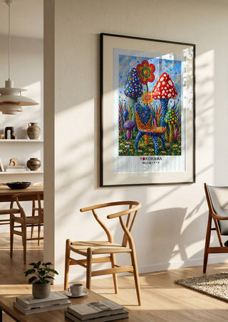 The Dotted Chair by Yokohama in a black frame in a bright dining room with wooden chairs