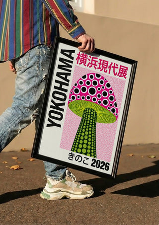Green Stem Mushroom Poster by Yokohama carried in a black frame along a sunny street