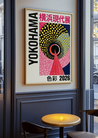 Circles and Colour by Yokohama in an oak frame on a panelled café wall
