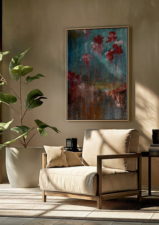 go with the flow(er) by hazelart framed above a beige armchair beside a potted plant