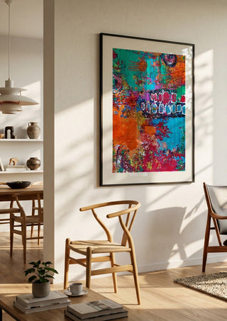 art against the maschine by hazelart in a large black frame in a bright dining room