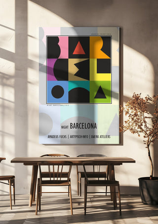 Night Barcelona - Term Signal by Amadeus Fuchs hanging above a wooden dining table in warm sunlight