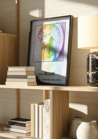 Vertical Welcome - Serial Signal by Amadeus Fuchs in a dark frame on a wooden shelf beside books and a lamp