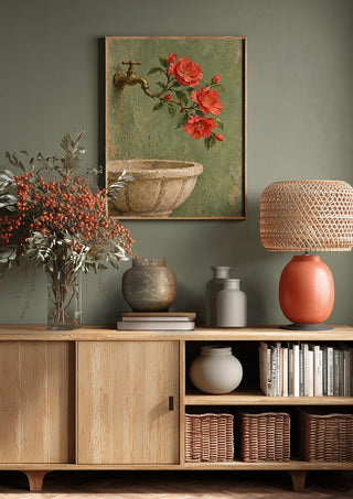 Where Spring Flows by Matthews Gallerie above a wooden sideboard on a sage green wall
