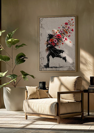 Running with Spring by Matthews Gallerie framed above a beige armchair beside a potted plant