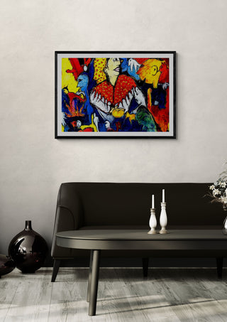 Todos Comem, Todos Gostam by Corre-Pé in a black frame on a pale wall above a dark sofa with candlesticks