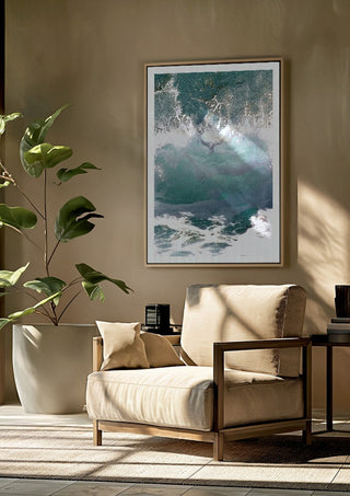 Suddenly Hello by Bent Hardervig framed above a beige armchair beside a potted plant