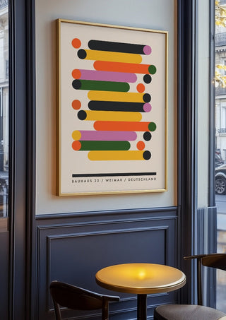 Bauhaus Stacks by Neil Stevens in an oak frame on a panelled cafe wall