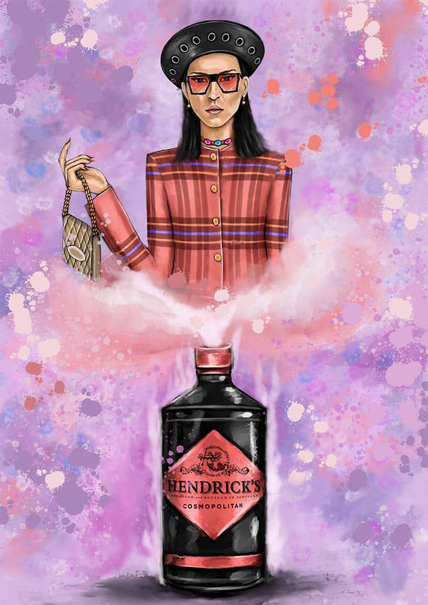 Illustration of a stylish woman with sunglasses standing behind a Geeniepolitan bottle, pink mist rising.