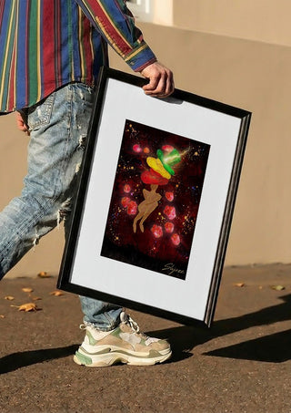 Nachtflits by Madame Petit carried in a black frame along a sunny street
