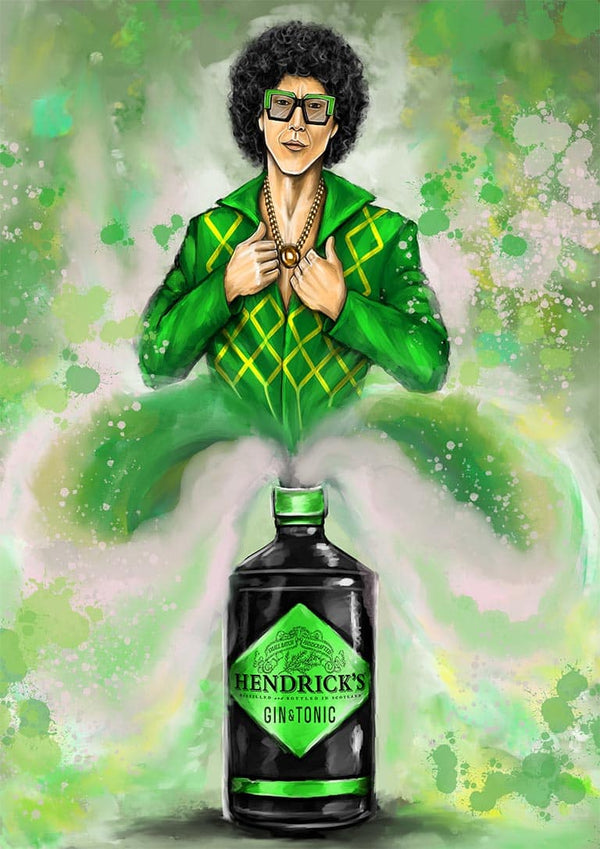 Illustration of a stylish person in green emerging from a Geenie Tonic bottle with swirling green mist.