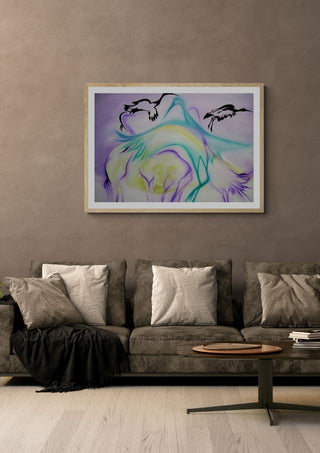 A Vida Animal Despertando by Luis Valquaresma in a light oak frame on a warm grey wall above a brown sofa