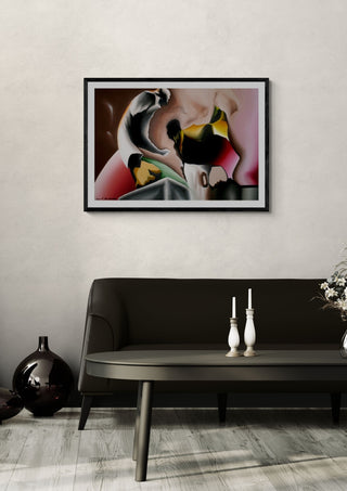 Assalto Fantasma by Luis Valquaresma in a black frame on a pale wall above a dark sofa with candlesticks