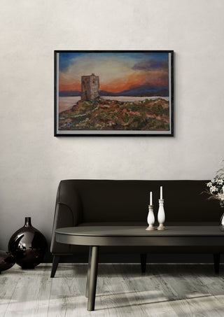 Sunset at Torre Santa Elena by PaKart in a black frame on a pale wall above a dark sofa with candlesticks