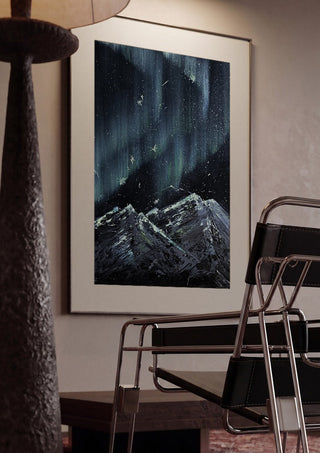 Aurora by Zhan Snow framed in a dim room beside a tubular steel chair