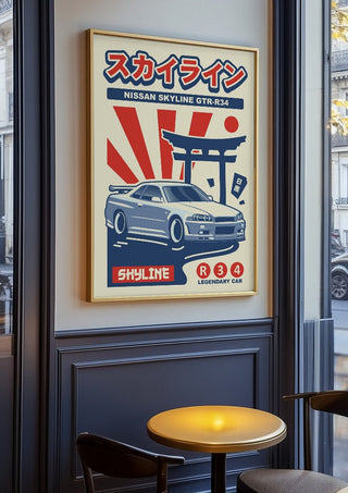 Nissan Skyline GTR R34 by Kaminarirace in an oak frame on a panelled cafe wall