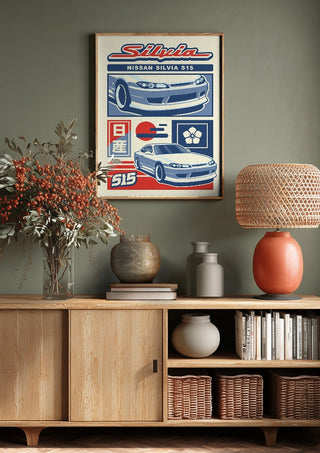 Nissan Silvia S15 by Kaminarirace above a wooden sideboard on a sage green wall